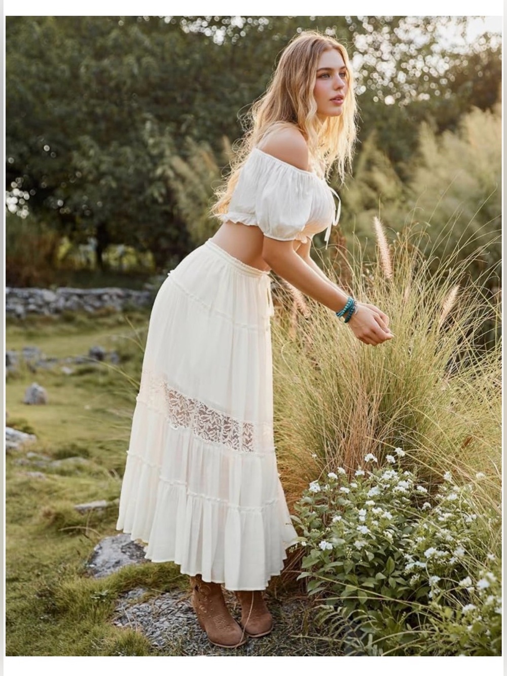NWT Scarlet Darkness White Boho Maxi Skirt Flowy Lace Renaissance Pockets, M - Picture 6 of 8